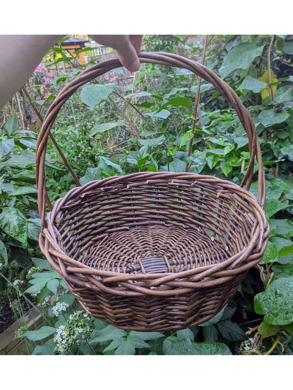 Vintage Round Willow Branch Gathering Basket with Handle, 12" Diameter